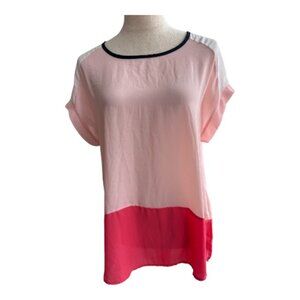 Twenty Second Colorblock Blouse Pink Coral Navy Zip Back Top Size S (2565-1)